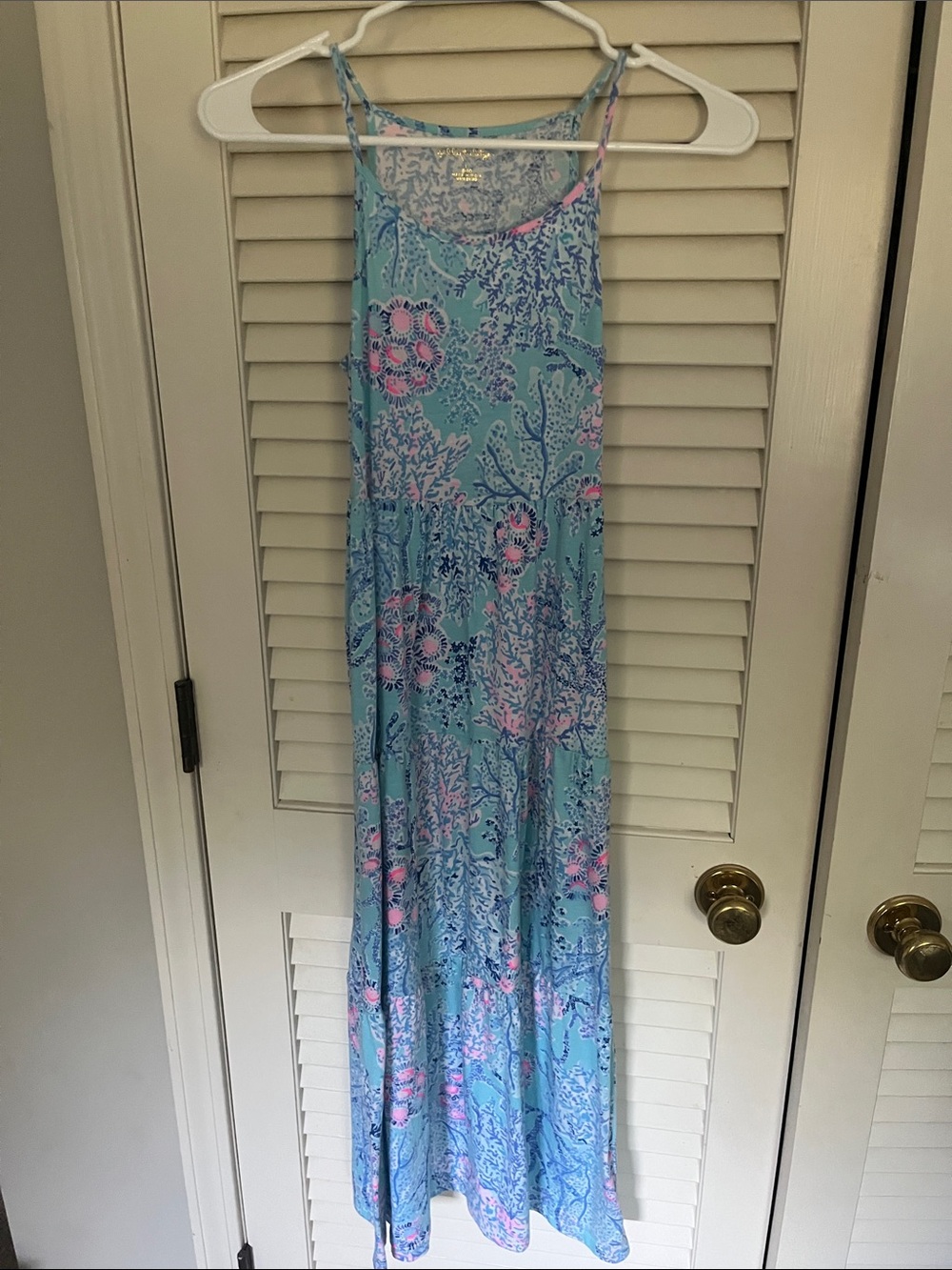 Lilly Pulitzer Aqua Maxi Dress with Pink & Navy Coral Print